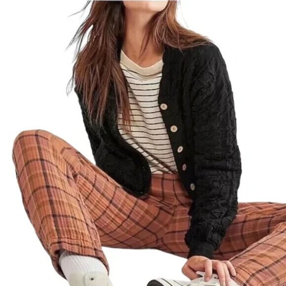 FP Free People Beach size S Button Bomber Cardigan Sweater Textured Oversized - Picture 1 of 6